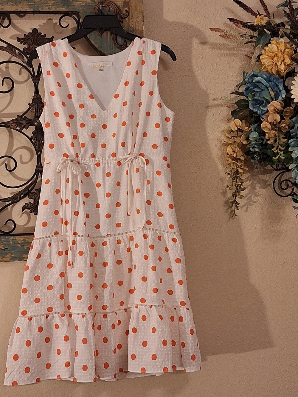 Sleeveless White Dress with Orange Polka Dots and Drawstring Waist. Size 4